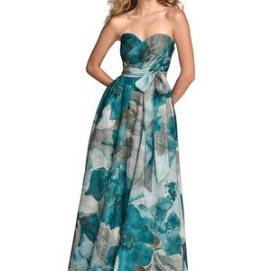Donna Karan Teal and Gray Strapless Floral A-Line Gown